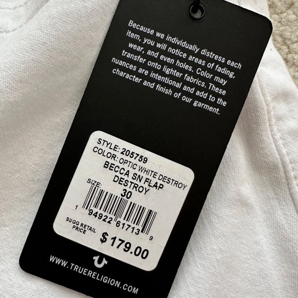 $179 TRUE RELIGION BECCA SN FLAP DESTROY OPTIC WHITE MID RISE BOOTCUT JEANS PANT - Picture 3 of 9